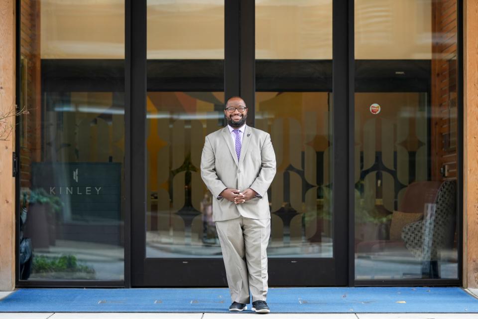 Galen Gorden, general manager of Kinley Cincinnati Downtown, stands outside the hotel’s front entrance on Thursday, Nov. 9, 2023, at the Kinley Cincinnati Downtown, a Tribute Portfolio Hotel in Downtown Cincinnati.