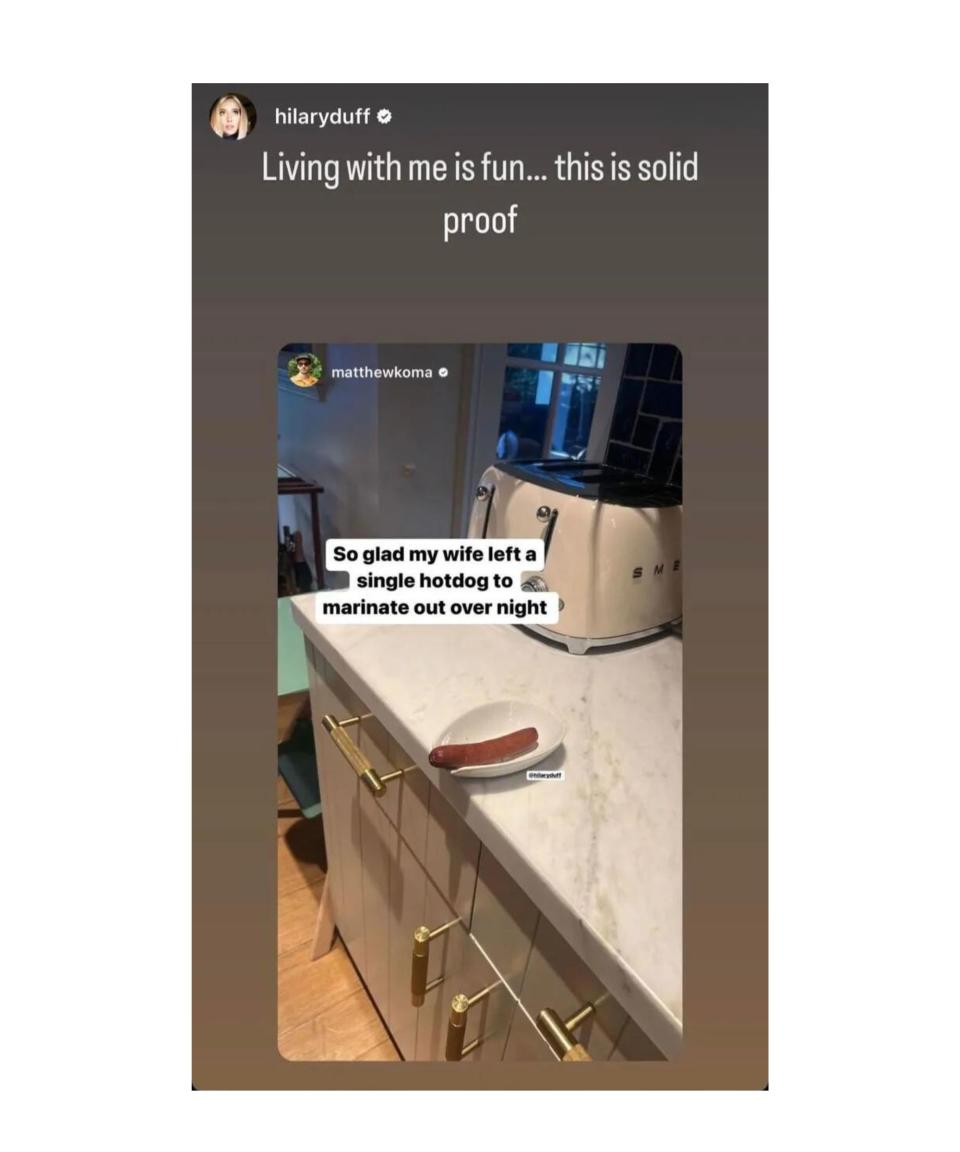 A screenshot of an Instagram story showing a white Smeg toaster on a marble kitchen countertop with gray cabinets, with text that says 'living with me is fun... this is solid proof'