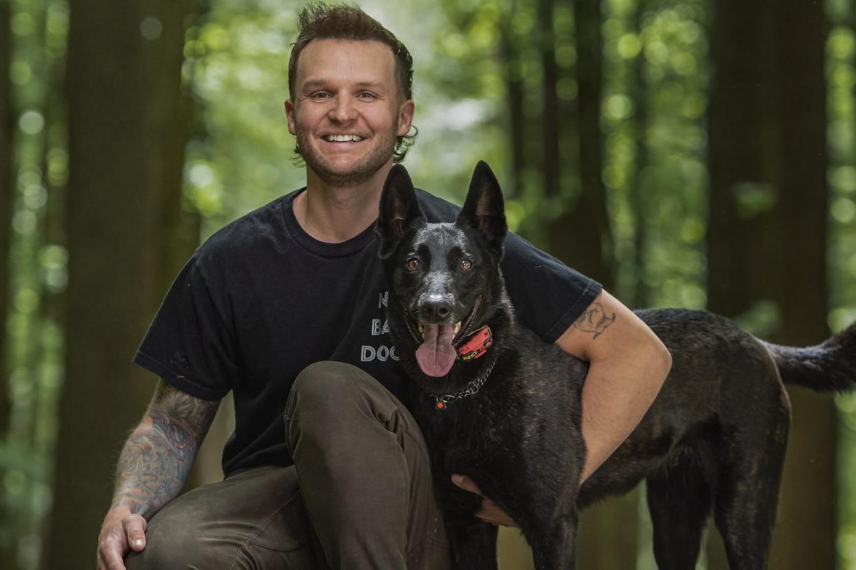 Tom Davis and his dog Lakota--6-year-old Dutch Shepherd-- in Saratoga Springs, may 26, 2022--taken by Shawn Lachapelle