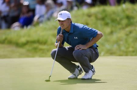 Jul 23, 2017; Southport, ENG; Jordan Spieth lines up a putt on the first green during the final round of The 146th Open Championship golf tournament at Royal Birkdale Golf Club. Mandatory Credit: Ian Rutherford-USA TODAY Sports