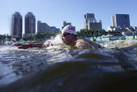 Hau-Li Fan, of Canada, competes during the men's marathon swimming event at the 2020 Summer Olympics, Thursday, Aug. 5, 2021, in Tokyo. (AP Photo/David Goldman)