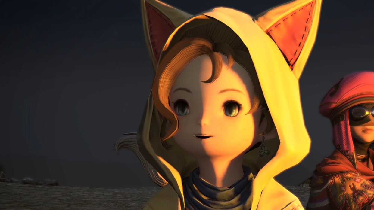  Krile, a lalafell pictomancer from Final Fantasy 14: Dawntrail, smiles happily while lit by a campfire. 