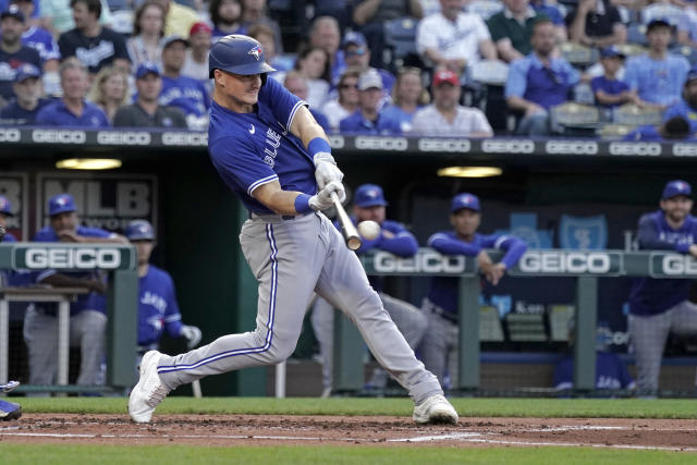 Toronto Blue Jays' Whit Merrifield runs to first base for a single during  the sixth inning of a baseball game against the Kansas City Royals in  Kansas City, Mo., Thursday, April 6