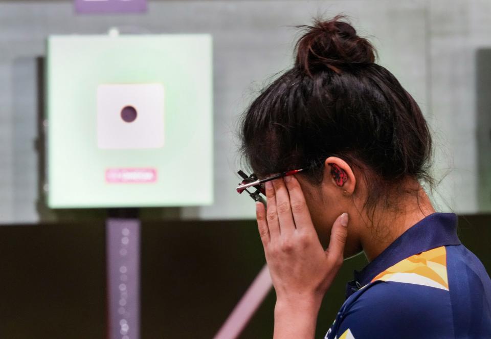 <div class="paragraphs"><p>India's Manu Bhaker reacts during the 10m Air Pistol Mixed Team shooting event, at the Summer Olympics 2020, in Tokyo, Tuesday, July 27, 2021. </p></div>