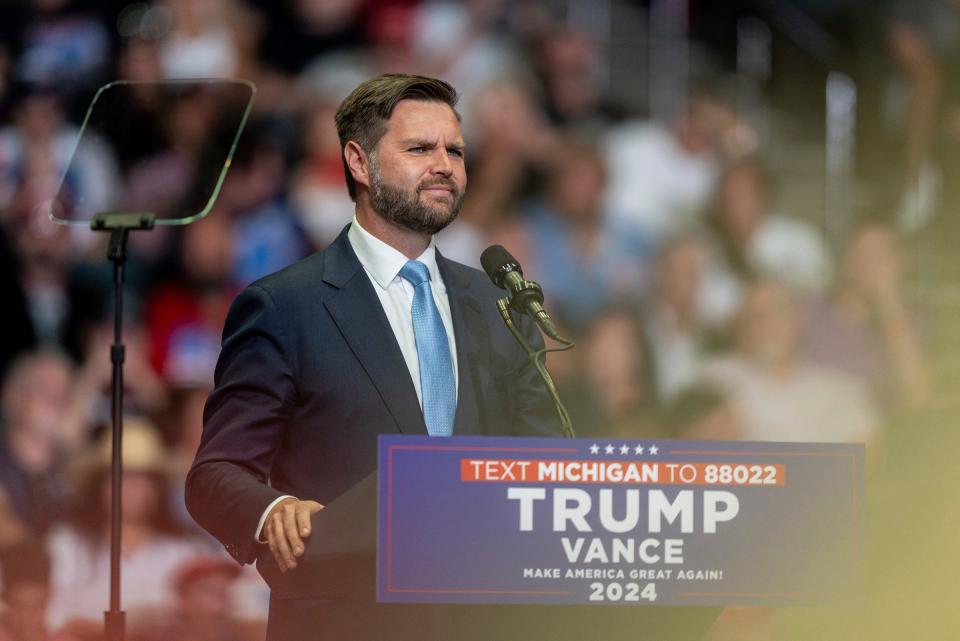 Vice-presidential nominee JD Vance addresses thousands of supporters during a rally at the Van Andel Arena in Grand Rapids on Saturday, July 20, 2024.