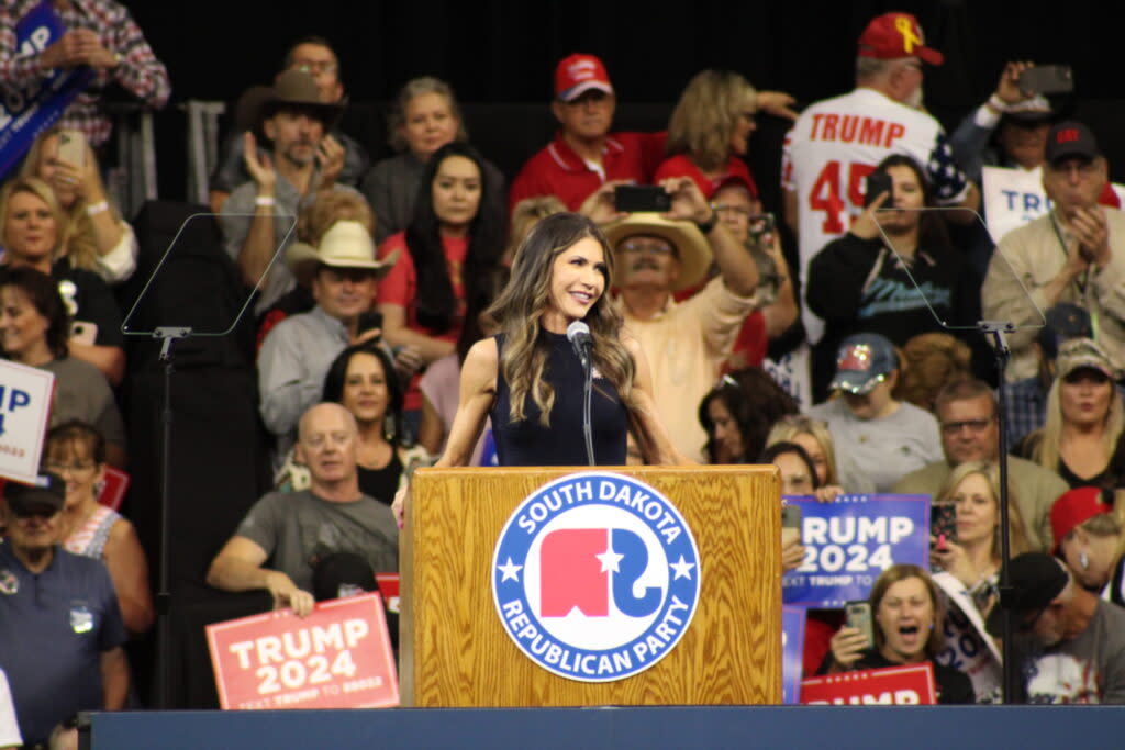 Gov. Kristi Noem speaks Sept. 8, 2023, during a rally at The Monument in Rapid City featuring former President Donald Trump. (Seth Tupper/South Dakota Searchlight)