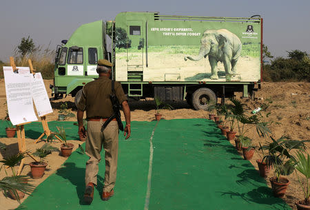 A security officer walks next to an animal ambulance at the Wildlife SOS Elephant Hospital, India's first hospital for elephants run by a non-governmental organisation, in the northern town of Mathura, India, November 16, 2018. REUTERS/Anushree Fadnavis