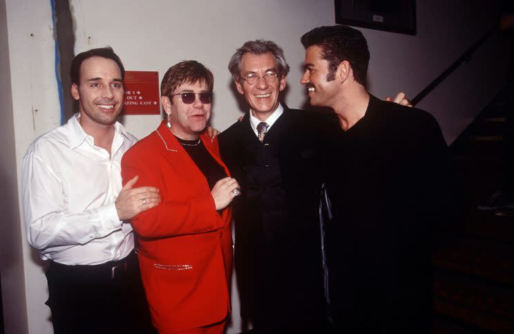 David and Elton with Sir Ian McKellan and George Michael (Photo: Alladyce/REX/Shutterstock)