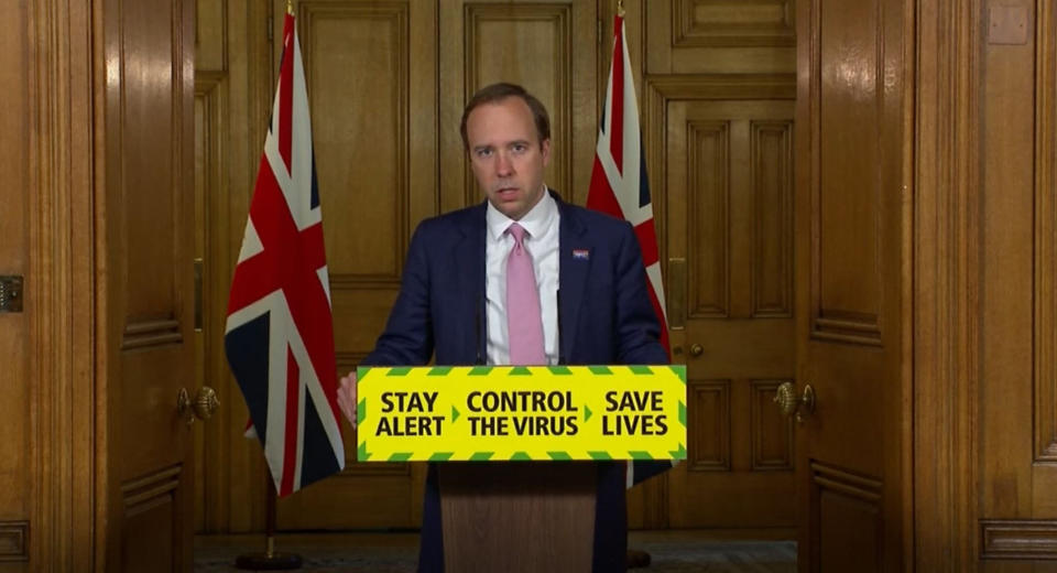 Screen grab of Health Secretary Matt Hancock during a media briefing in Downing Street, London, on coronavirus (COVID-19).