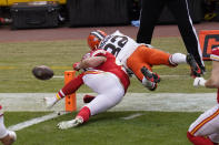 Cleveland Browns wide receiver Rashard Higgins (82) fumbles the ball over Kansas City Chiefs safety Daniel Sorensen at the goal line during the first half of an NFL divisional round football game, Sunday, Jan. 17, 2021, in Kansas City. (AP Photo/Orlin Wagner)