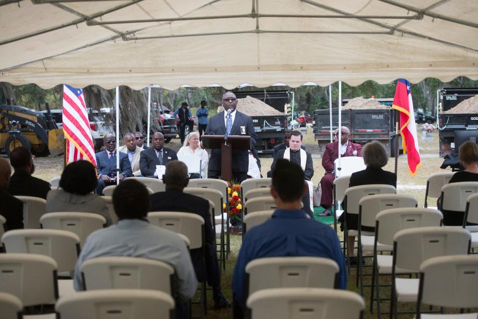 Chatham County Coroner David Campbell delivers remarks prior to the burial of 500 unclaimed cremated remains from the Chatham County Coroner's Office on Wednesday.