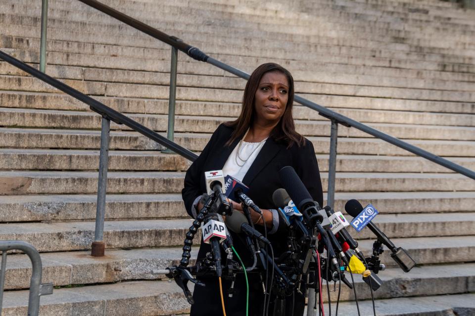 New York Attorney General Letitia James arrives outside New York Supreme Court ahead of former President Donald Trump's civil business fraud trial on Oct. 2, 2023 in New York.