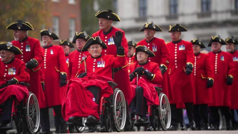Chelsea Pensioners at the Saluting Base in Horse Guards during the Remembrance Sunday service at the Cenotaph, in Whitehall, London