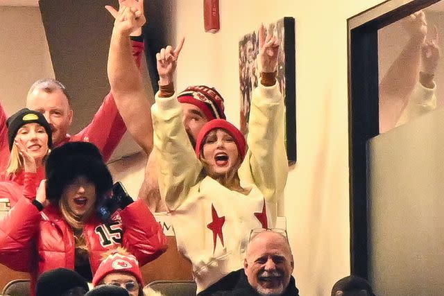 <p>Kathryn Riley/Getty</p> Brittany Mahomes, Jason Kelce, and Taylor Swift react during the second half of the AFC Divisional Playoff game between the Kansas City Chiefs and the Buffalo Bills at Highmark Stadium on January 21, 2024