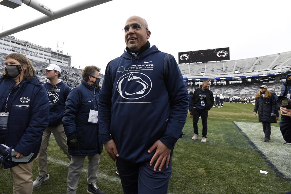 Penn State coach James Franklin reacts during the team's NCAA college football game against Rutgers in State College, Pa., Saturday, Nov. 20, 2021. Penn State won 28-0. (AP Photo/Barry Reeger)