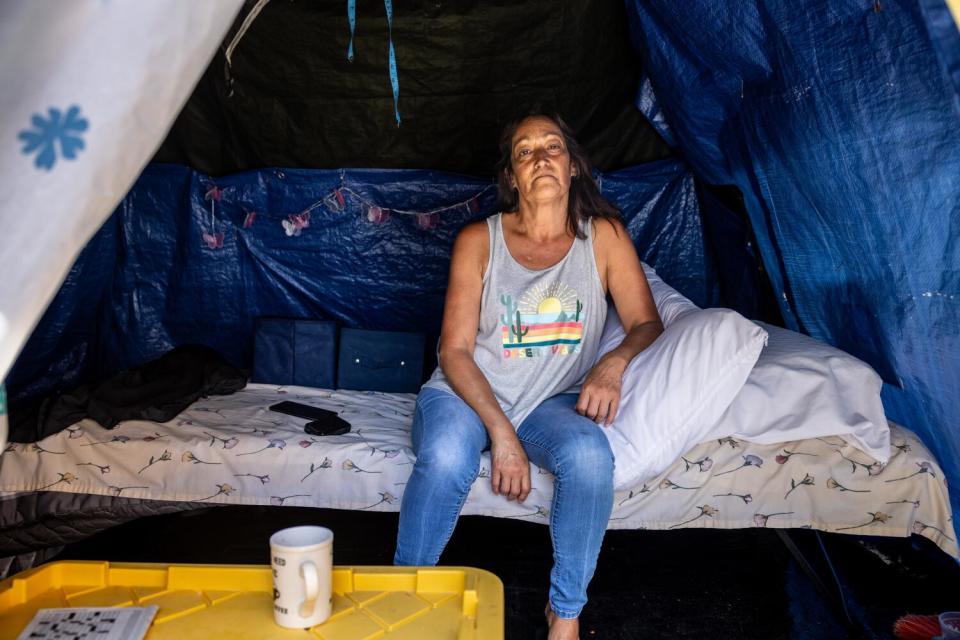 Dolores Flores in her tent