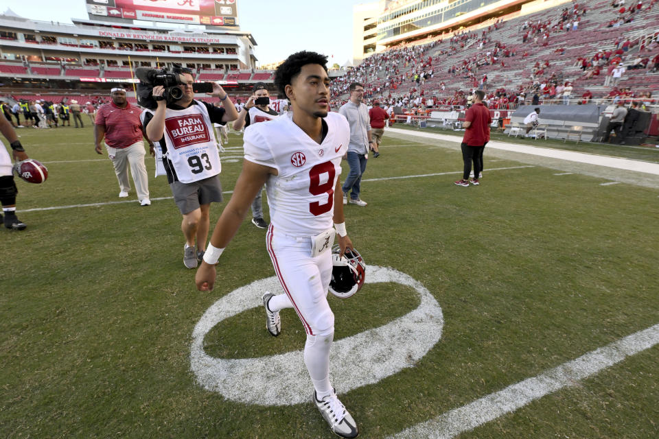 Alabama quarterback Bryce Young (9) heads to the locker room after playing Arkansas in an NCAA college football game Saturday, Oct. 1, 2022, in Fayetteville, Ark. (AP Photo/Michael Woods)