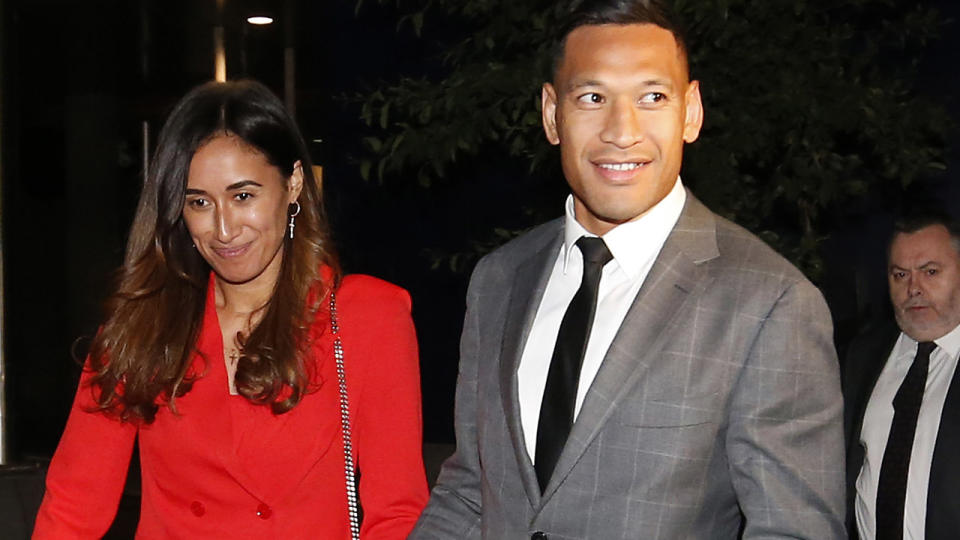 Maria and Israel Folau, pictured here leaving Federal Court after meeting with Rugby Australia.