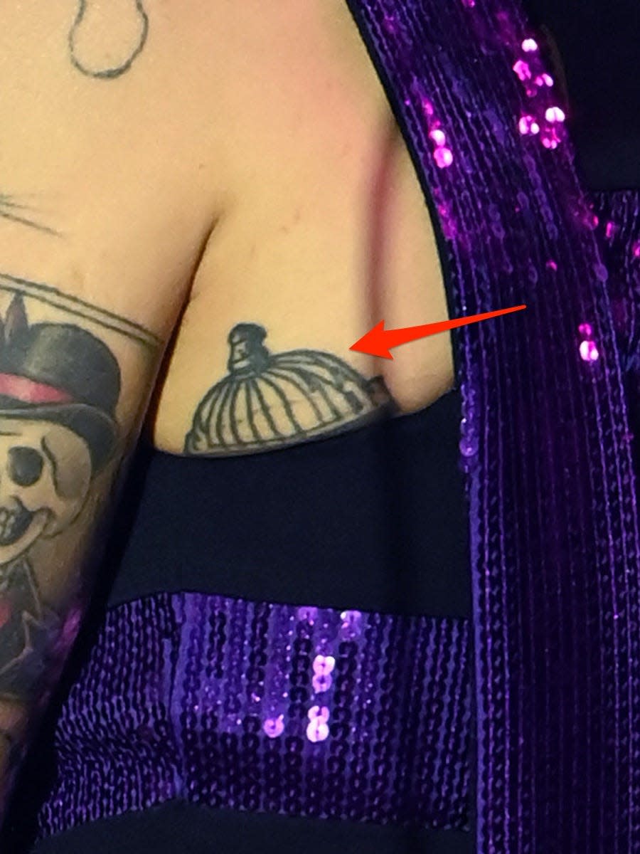 A red arrow pointing to a bird cage tattoo on the left side of Harry Styles' body.