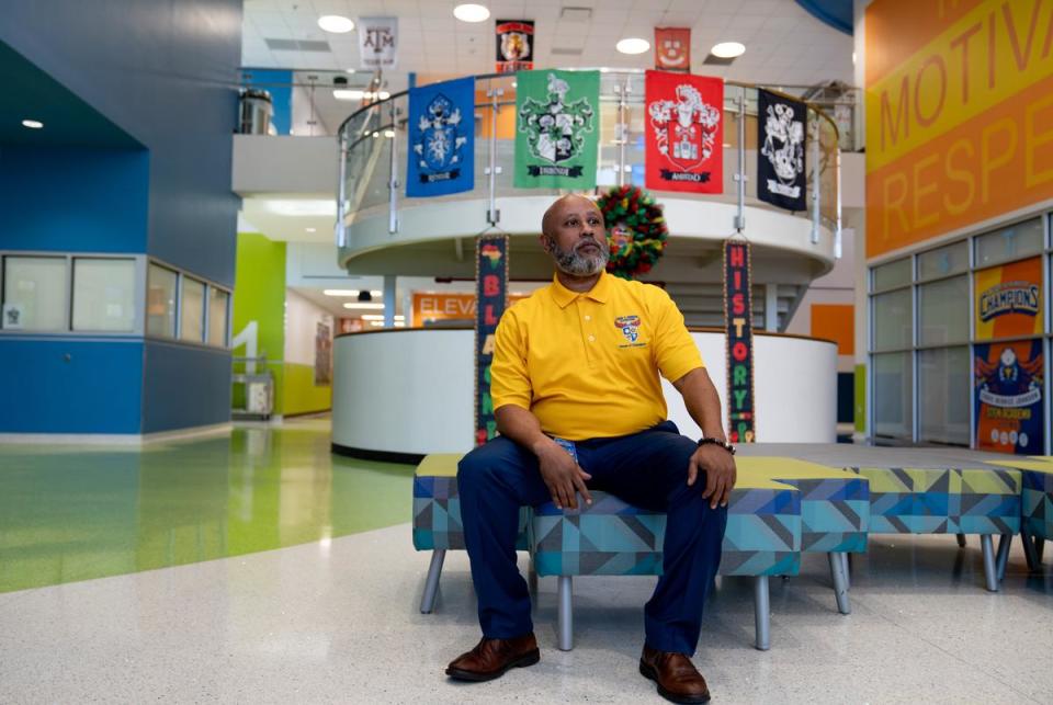 Principle Umoja Turner poses for a portrait inside the Eddie Bernice Johnson STEAM Academy in Dallas, Texas on Feb. 5, 2024.