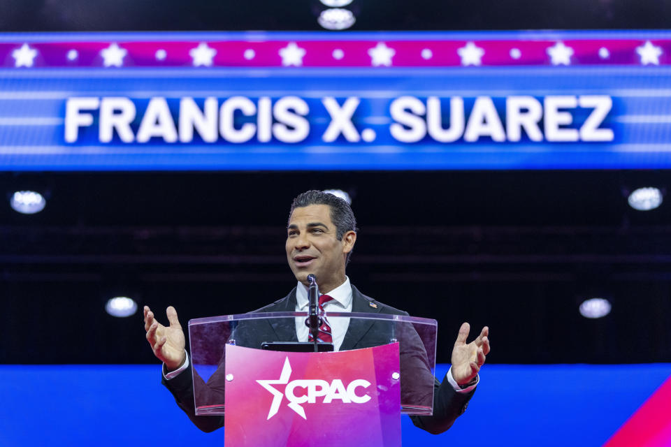 FILE - Miami Mayor Francis Suarez speaks at the Conservative Political Action Conference, CPAC 2023, Friday, March 3, 2023, at National Harbor in Oxon Hill, Md. (AP Photo/Alex Brandon, File)