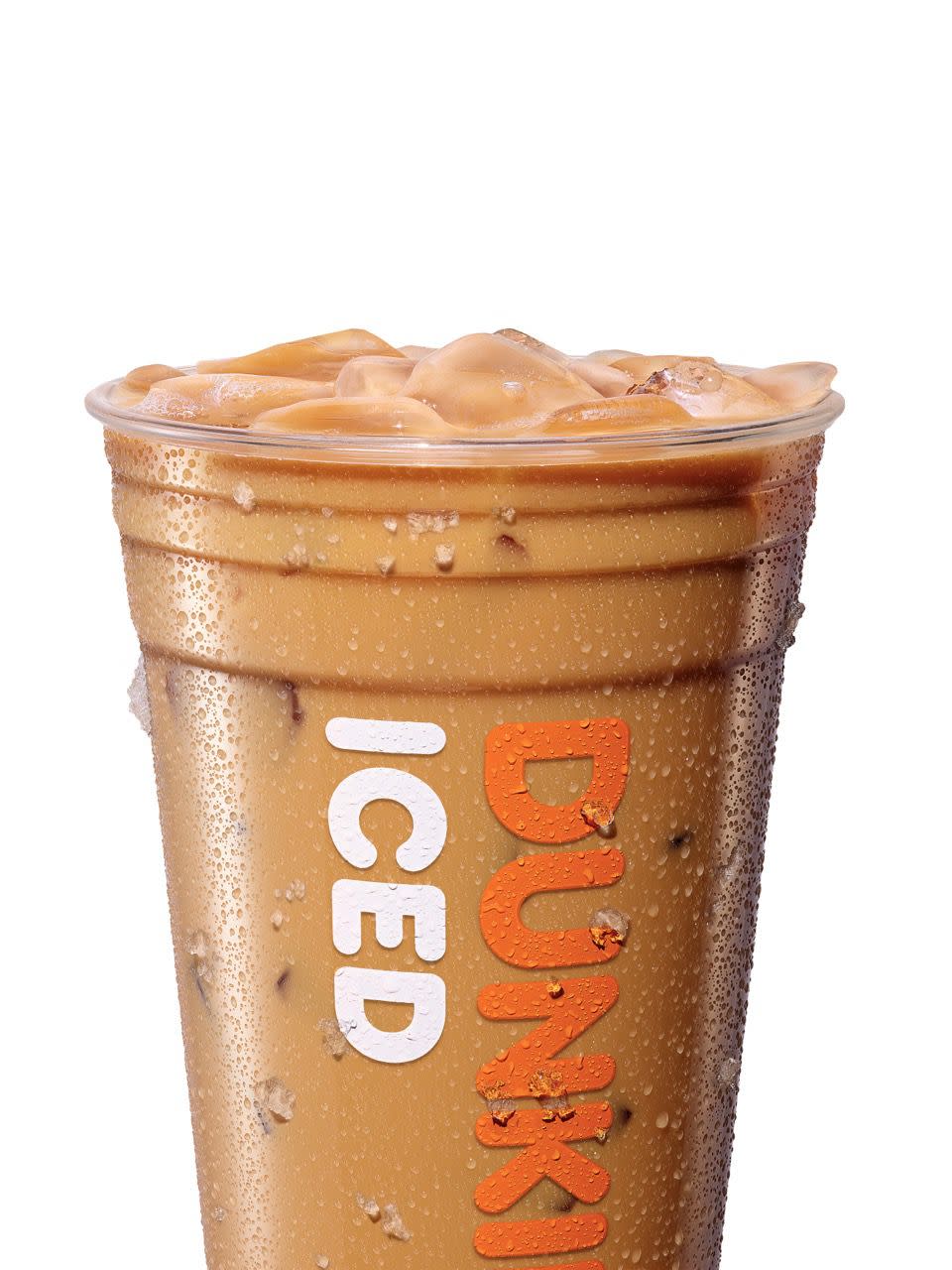 Dunkin' Retail 23 Window 5 Retouched Product Image: Nutty Pumpkin Iced Coffee; branded plastic cup (tight crop)
(image + shadow + white background/transparency)