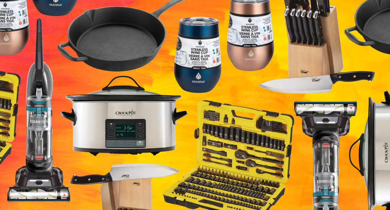 collage of cast iron pan, tool set, crock pot, tumblers, knife set canadian tire products on orange and yellow background