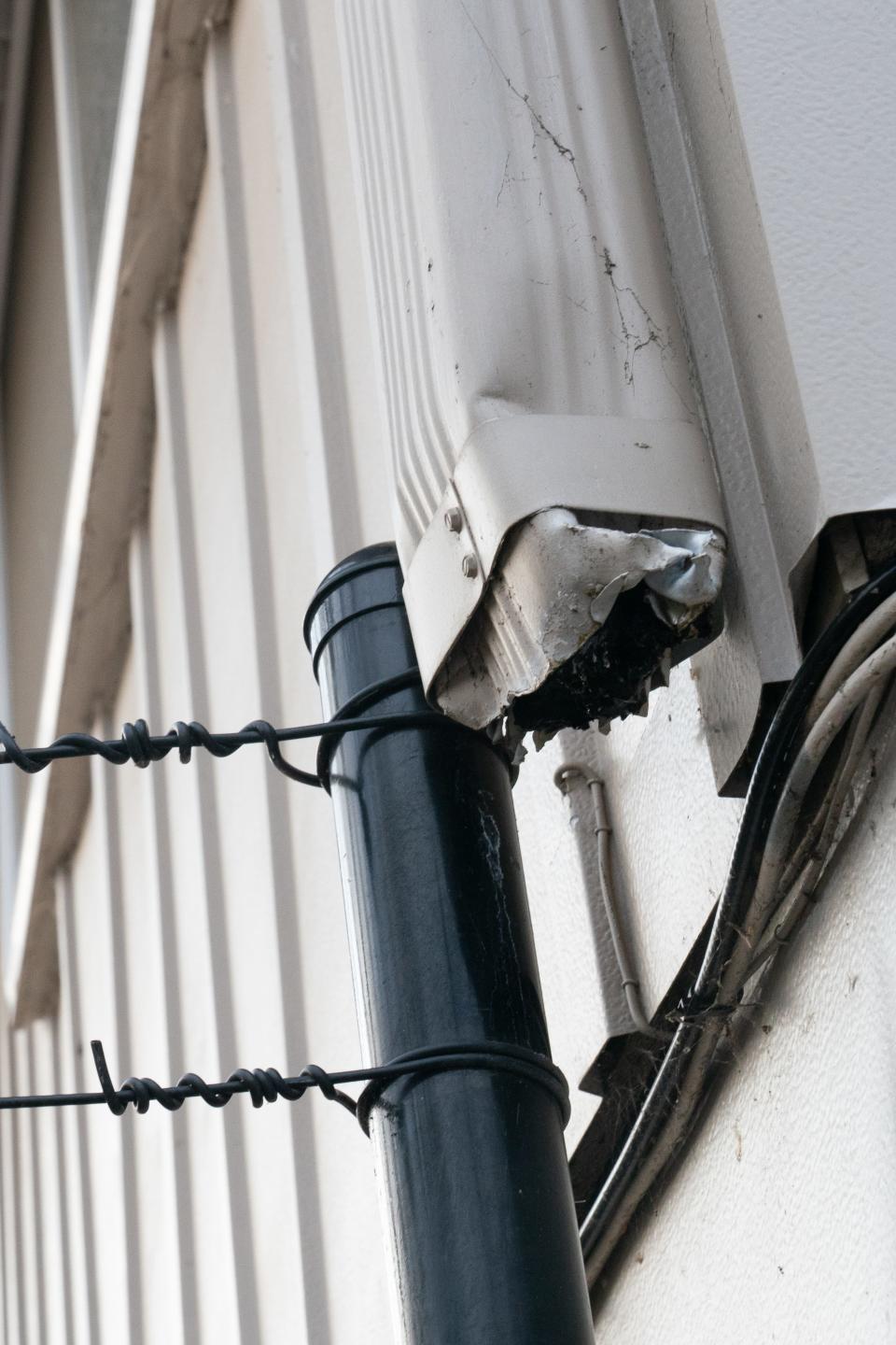 A gutter appeared to be damaged this past week on the former Washburn Arms Apartments building at 1930 S.W. Washburn Ave.