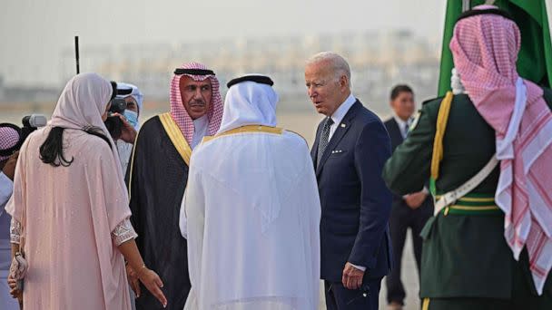 PHOTO: President Joe Biden is welcomed at the King Abdulaziz International Airport in the Saudi Arabian coastal city of Jeddah on July 15, 2022. (Mandel Ngan/AFP via Getty Images)