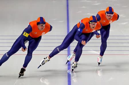 Feb 18, 2018; Pyeongchang, South Korea; Sven Kramer (NED), Jan Blokhuijsen (NED) and Koen Verweij (NED) in the mens speed skating team pursuit 8 laps quarterfinal during the Pyeongchang 2018 Olympic Winter Games at Gangneung Ice Arena. Mandatory Credit: Mark Hoffman-USA TODAY Sports