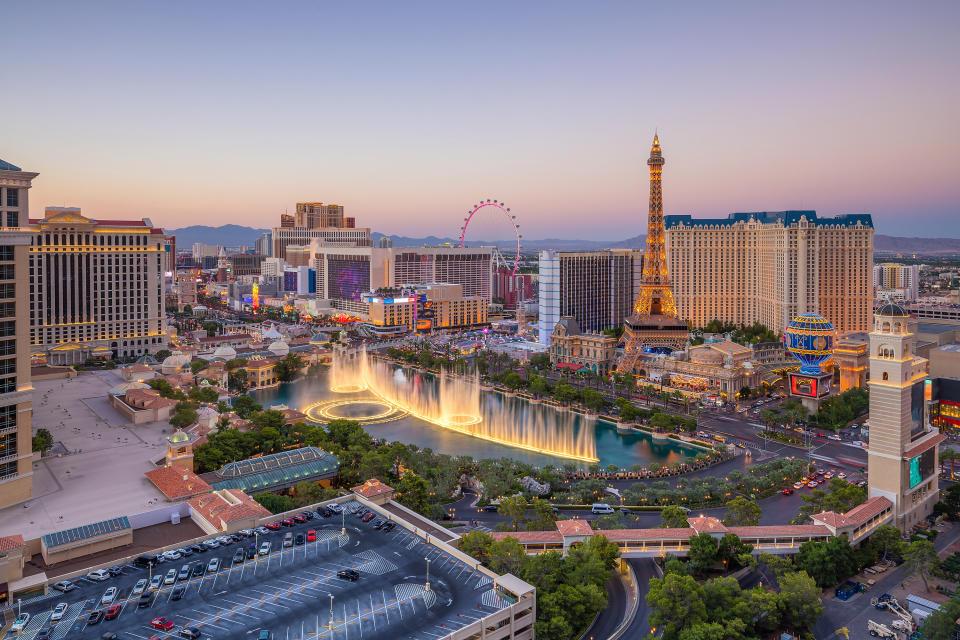 Aerial view of the Las Vegas Strip featuring the Bellagio fountain show