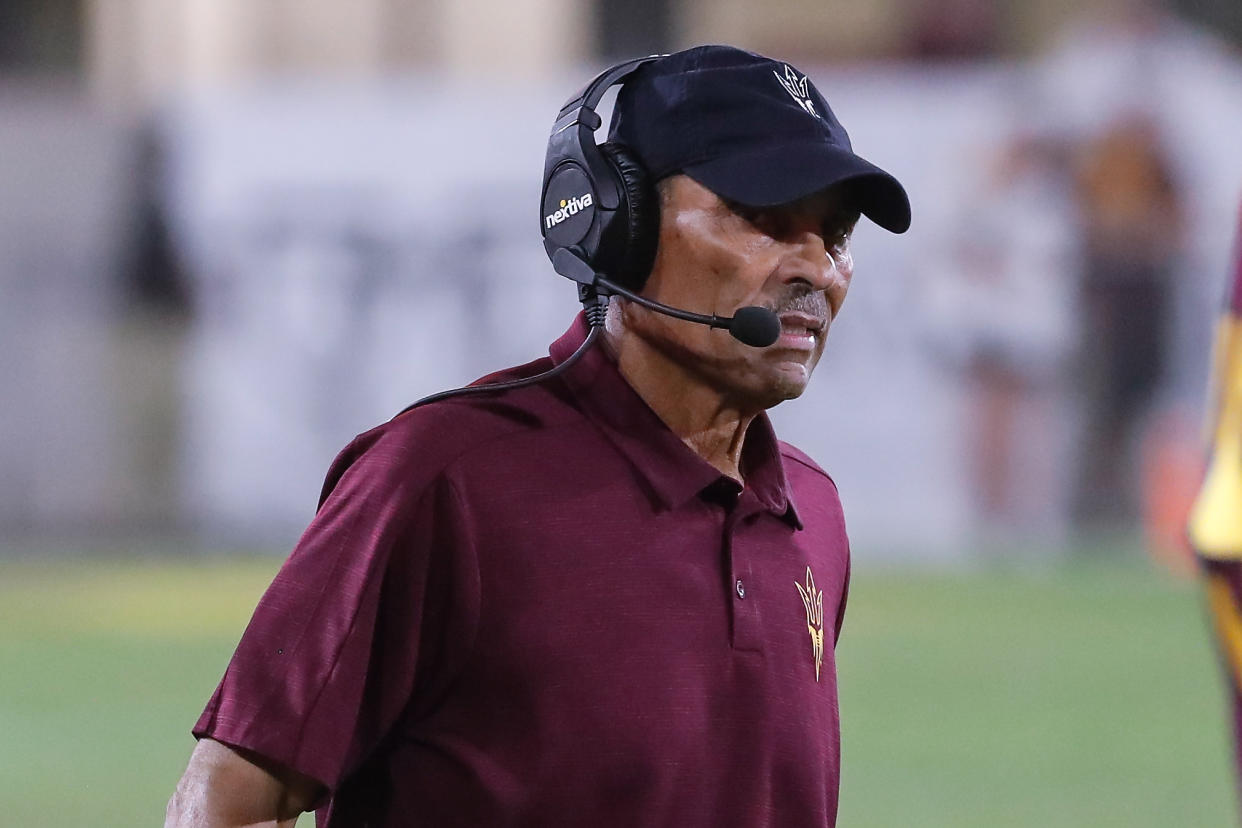 TEMPE, AZ - SEPTEMBER 17:  Arizona State Sun Devils head coach Herm Edwards looks on during the college football game between the Eastern Michigan Eagles and the Arizona State Sun Devils on September 17, 2022 at Sun Devil Stadium in Tempe, Arizona. (Photo by Kevin Abele/Icon Sportswire via Getty Images)