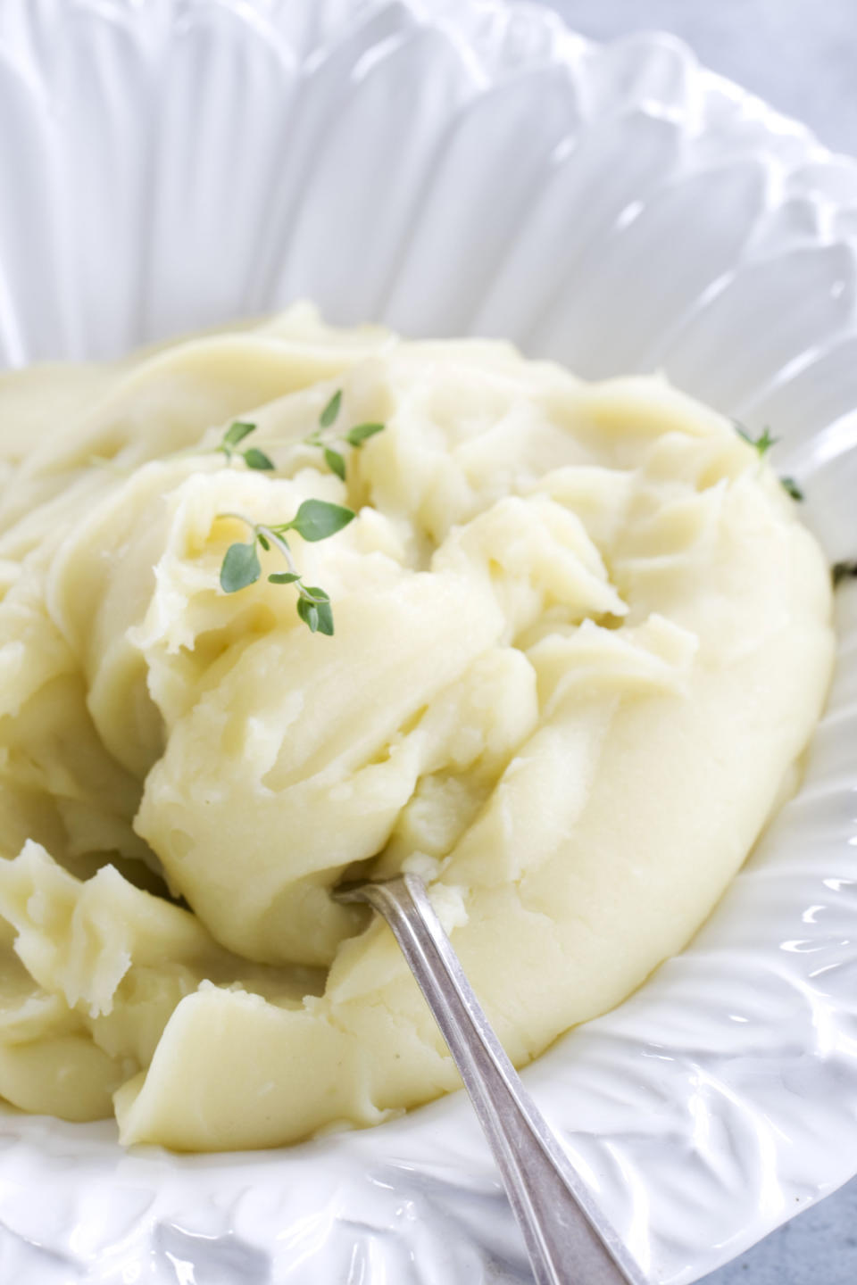 In this image taken on April 15, 2013, dairy-free modernist mashed potatoes are shown served on a plate in Concord, N.H. (AP Photo/Matthew Mead)