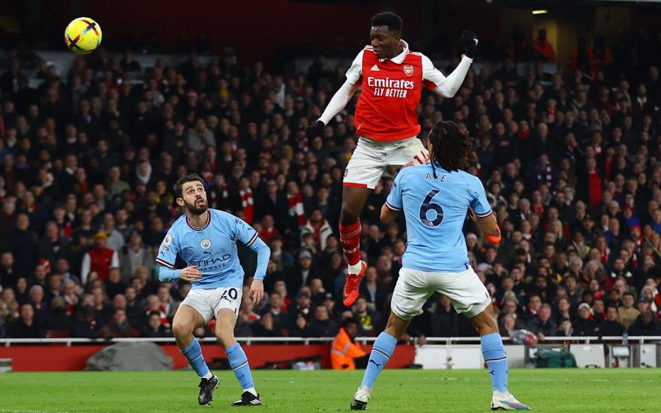 Arsenal v Manchester City - Emirates Stadium, London, Britain - February 15, 2023 Arsenal's Eddie Nketiah heads at goal Action Images - Action Images via Reuters