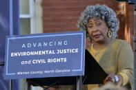 Dollie Burwell, a leader of the 1982 Warren County protests that birthed the environmental justice movement, speaks about the evolution of the movement at a ceremony in Warrenton, N.C., on Saturday, Sept. 24, 2022. (AP Photo/Hannah Schoenbaum)