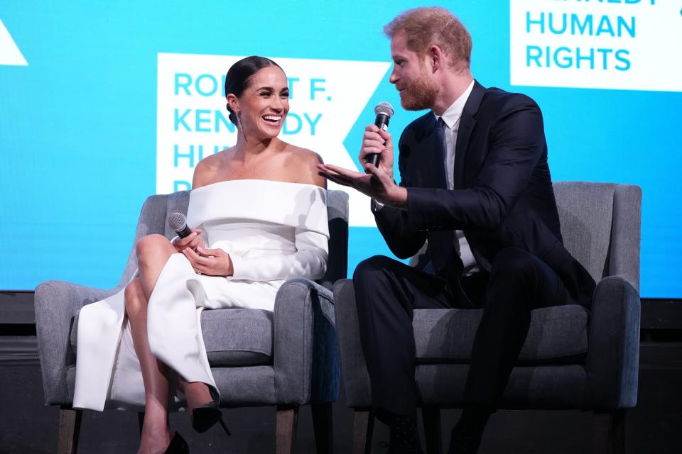 Meghan, Dutchess of Sussex and Prince Harry, Duke of Sussex speak onstage at the 2022 Robert F. Kennedy Human Rights Ripple of Hope Gala at New York Hilton on December 06, 2022 in New York City.