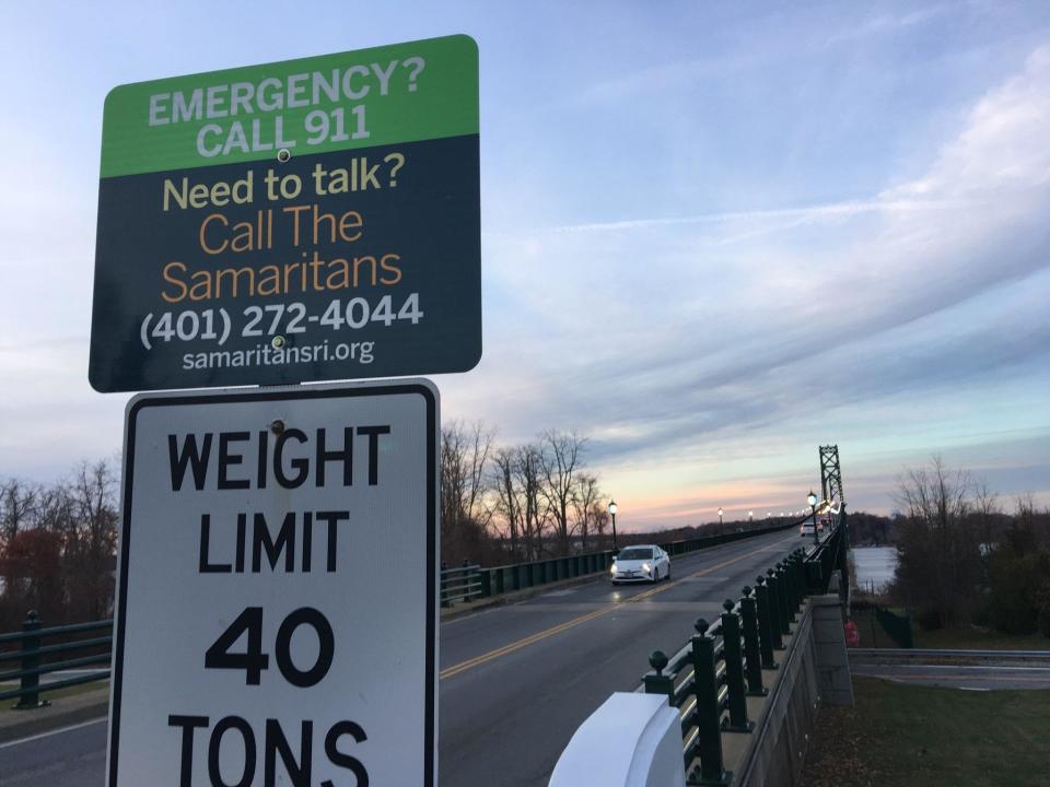 A sign offers support on the Portsmouth side of the Mount Hope Bridge. The span is one of two that will be included in a study to determine the feasibility of suicide barriers being added to the structure.