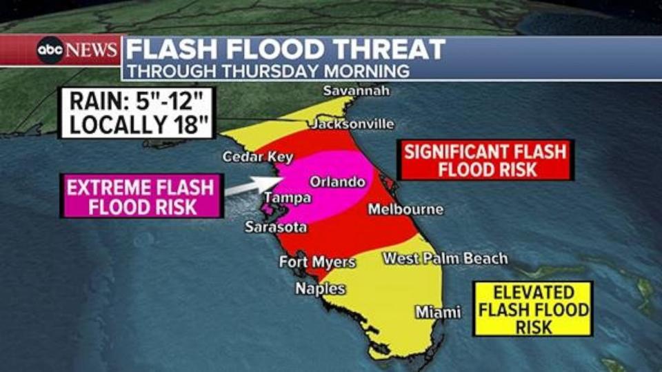 PHOTO: This weather map shows the flash flood threat in Florida and Georgia through Thursday morning.  (ABC News)