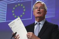 European Union's chief Brexit negotiator Michel Barnier gives a news conference after Brexit talks, in Brussels, Belgium, Friday, June 5, 2020. (Yves Herman, Pool Photo via AP)