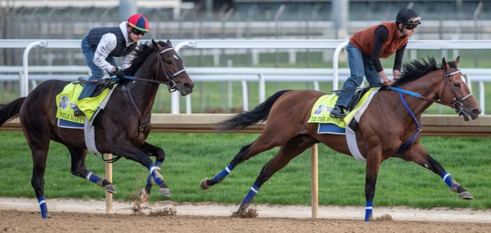Kentucky Derby hopeful Mo Donegal, right, puts in a final workout along with a stable mate at Churchill Downs one week before the race. Mo Donegal is trained by Todd Pletcher. April 30, 2022