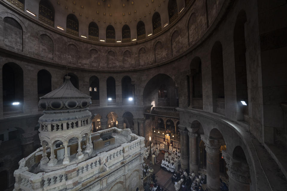 Latin Patriarch of Jerusalem Pierbattista Pizzaballa leads the Easter Sunday Mass at the Church of the Holy Sepulchre, where many Christians believe Jesus was crucified, buried and rose from the dead, in the Old City of Jerusalem, Sunday, March 31, 2024. (AP Photo/Leo Correa)