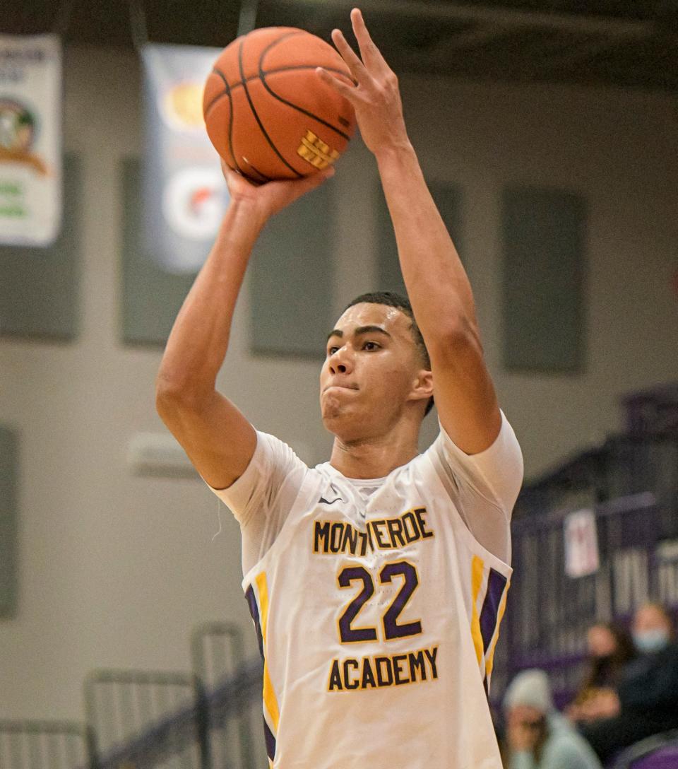 Montverde Academy's Caleb Houstan puts up a shot against LaPorte (Indiana) La Lumiere at the Montverde Academy Invitational Tournament in the EdgeCenter for Sportsmanship and Wellness in Montverde. PAUL RYAN / CORRESPONDENT]