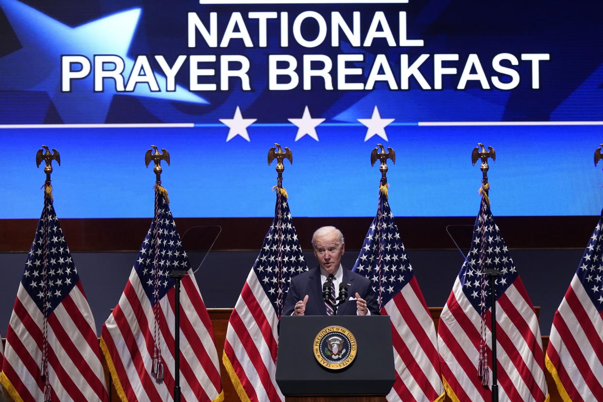 FILE - President Joe Biden speaks at the National Prayer Breakfast, Feb. 3, 2022, on Capitol Hill in Washington. (AP Photo/Patrick Semansky, File)