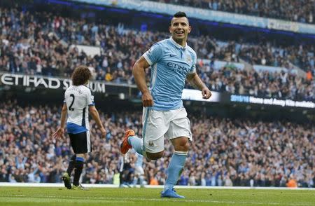 Football - Manchester City v Newcastle United - Barclays Premier League - Etihad Stadium - 3/10/15 Sergio Aguero celebrates after scoring the sixth goal for Manchester City Action Images via Reuters / Carl Recine Livepic EDITORIAL USE ONLY. No use with unauthorized audio, video, data, fixture lists, club/league logos or "live" services. Online in-match use limited to 45 images, no video emulation. No use in betting, games or single club/league/player publications. Please contact your account representative for further details.