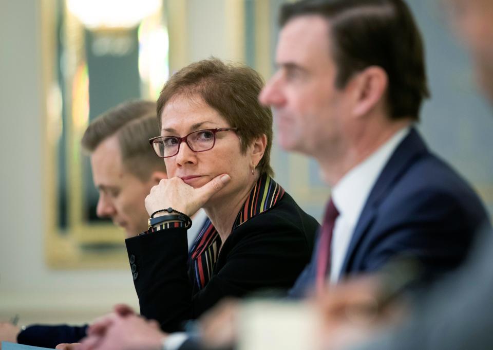 U.S. Ambassador to Ukraine Marie Yovanovitch was recalled to Washington for "consultations" on April 29, 2019. The whistleblower complaint cited a Rudy Giuliani interview with a Ukrainian journalist published on May 14, 2019 where he stated that Ambassador Yovanovitch was "removed ... because she was part of the efforts against the President."  Seen here, Yovanovitch, center, sits during her meeting with Ukrainian President Petro Poroshenko in Kiev, Ukraine on March 6, 2019.  