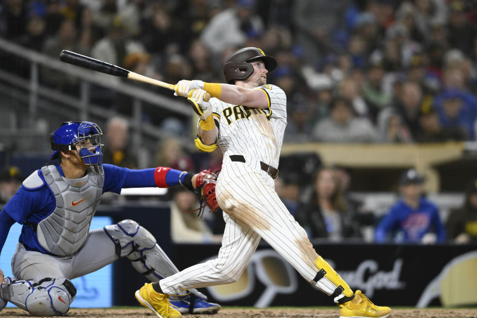 San Diego Padres' Jake Cronenworth (9) hits a two-run home run during the sixth inning of a baseball game against the Chicago Cubs, Monday, April 8, 2024, in San Diego. (AP Photo/Denis Poroy)