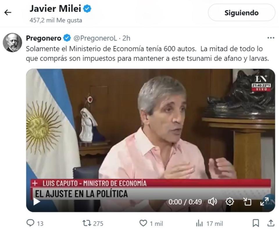 Milei compartió fragmentos de una entrevista al ministro de Economía, Luis Caputo