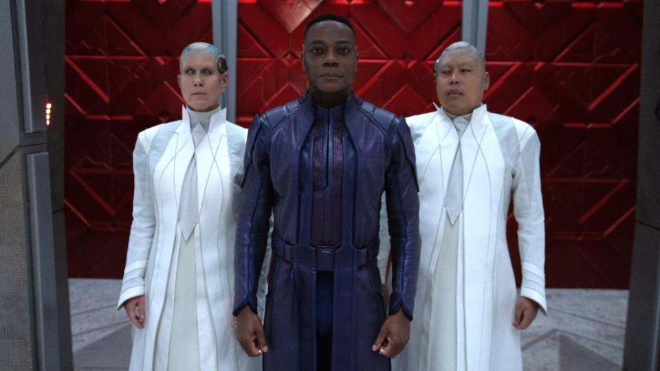 (L-R): Miriam Shor as Recorder Vim, Chukwudi Iwuji as The High Evolutionary, and Nico Santos as Recorder Theel in Marvel Studios' Guardians of the Galaxy Vol. 3. Photo by Jessica Miglio. © 2023 MARVEL.