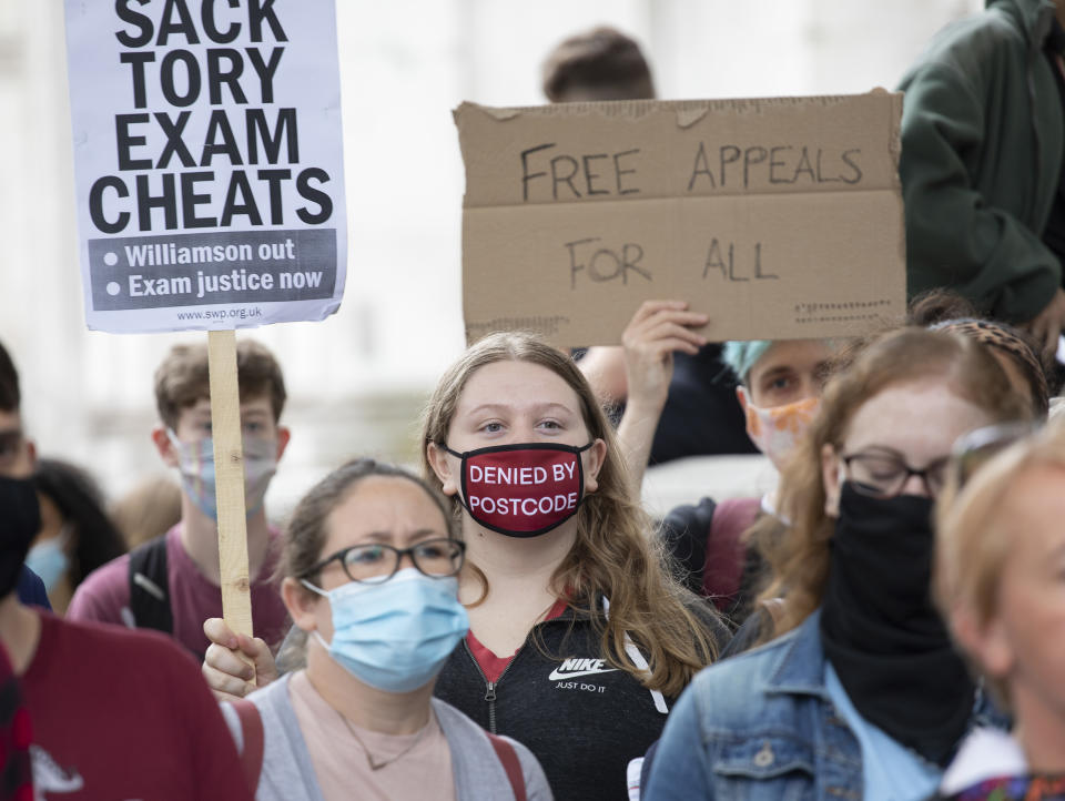 LONDON, ENGLAND - AUGUST 14: Sixth form students protest against the downgrading of A-level results on August 14, 2020 in London, England. (Photo by John Phillips/Getty Images)