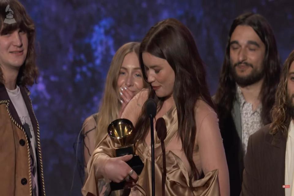 Wet Leg's Rhian Teasdale accepting the Grammy for Best Alternative Music Performance <i>(Image: Recording Academy/GRAMMYS)</i>